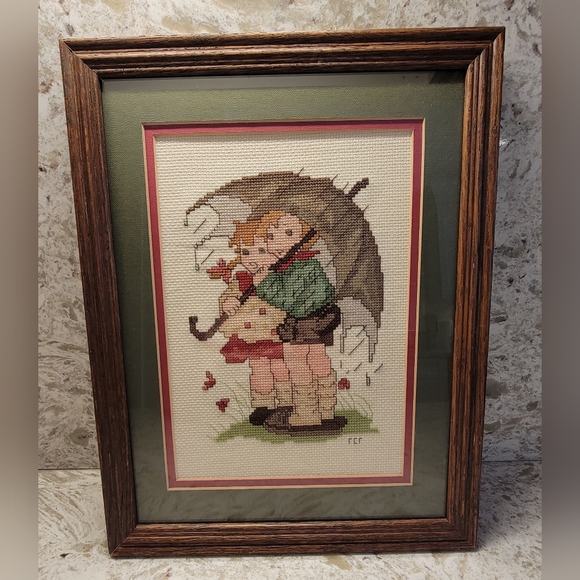 Vintage 1985 Stormy Weather Boy And Girl Cross Stitch Framed   10”X 13” - Picture 2 of 5